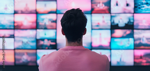 Person interacting with multiple screens displaying vibrant visuals.