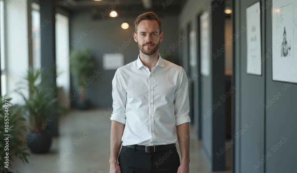 Confident Professional with Determined Expression Standing in Modern Office Hallway Confident Professional with Determined Expression Standing in Modern Office Hallway