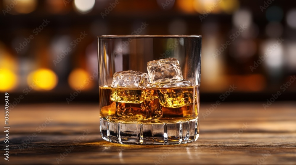 Glass of Whiskey with Ice on Wooden Table in Bar Setting, Close Up View of Golden Liquor. Glass of Whiskey with Ice on Wooden Table in Bar Setting, Close Up View of Golden Liquor.