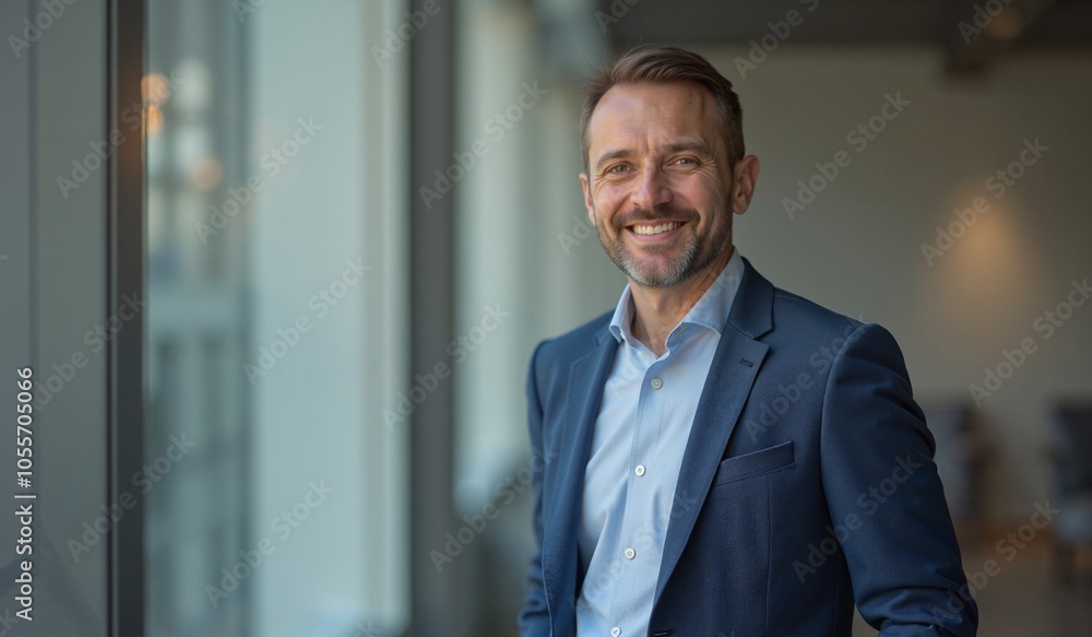 Confident businessman smiling warmly in modern office environment Confident businessman smiling warmly in modern office environment