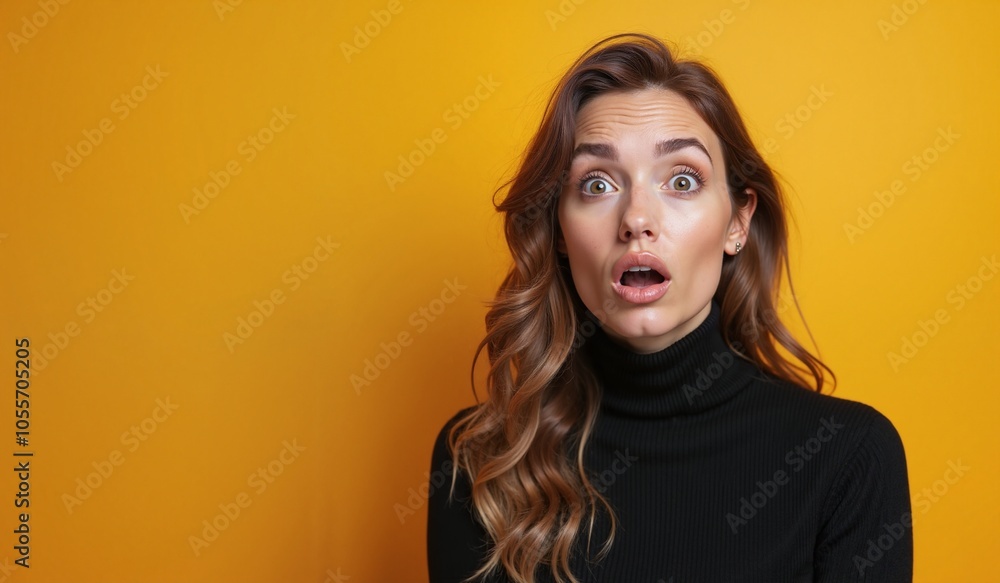 Woman with surprised expression looking shocked against yellow background with copy space Woman with surprised expression looking shocked against yellow background with copy space