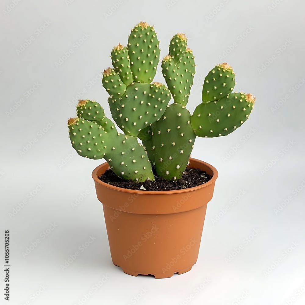 A cactus in a terracotta pot on a white background. A cactus in a terracotta pot on a white background.