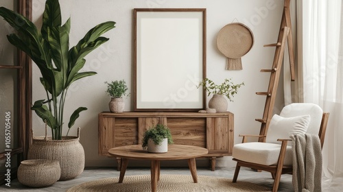 Stylish composition of living room interior with mock up poster frame, boucle armchair, round coffee table, wooden sideboard, plant, ladder and personal accessories