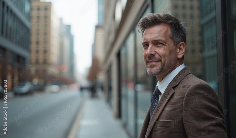 Confident businessman with gentle smile standing against urban cityscape Confident businessman with gentle smile standing against urban cityscape