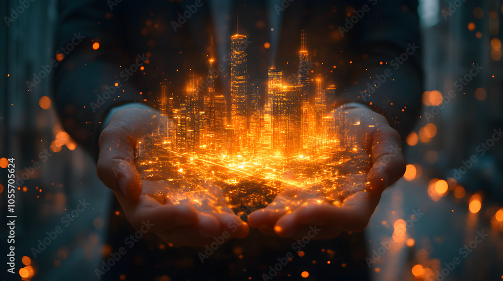 Businessman Holding a Virtual City Model or Real Estate Project – Innovative Urban Planning Concept in Augmented Reality.
Businessman Holding a Virtual City Model or Real Estate Project – Innovative Urban Planning Concept in Augmented Reality.