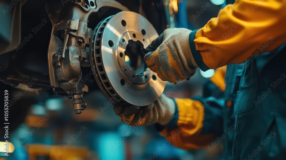 Fototapeta premium A mechanic installs a brake disc on a vehicle in an automotive workshop.