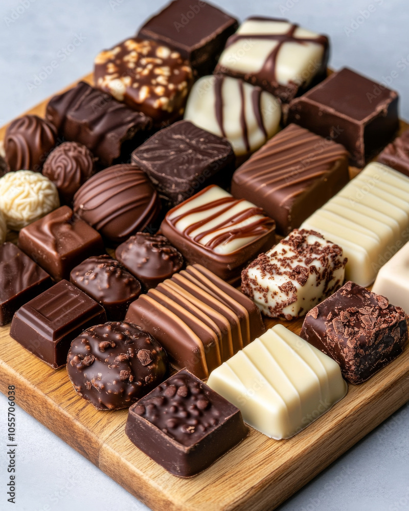 A close-up of Swiss chocolate bars and pralines, beautifully arranged on a wooden board, ready to be enjoyed. A close-up of Swiss chocolate bars and pralines, beautifully arranged on a wooden board, ready to be enjoyed.