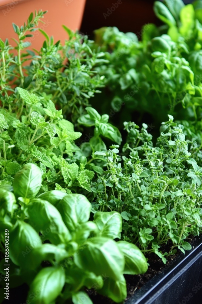 Fresh kitchen herbs growing in indoor pots Fresh kitchen herbs growing in indoor pots