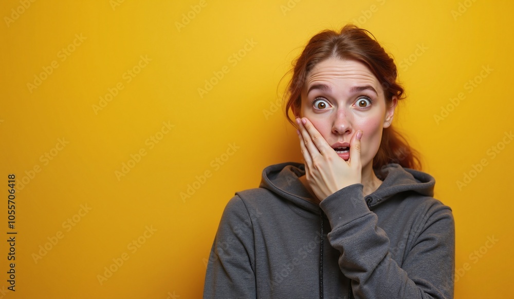 Woman with shocked expression covering mouth against vibrant yellow background with copy space Woman with shocked expression covering mouth against vibrant yellow background with copy space