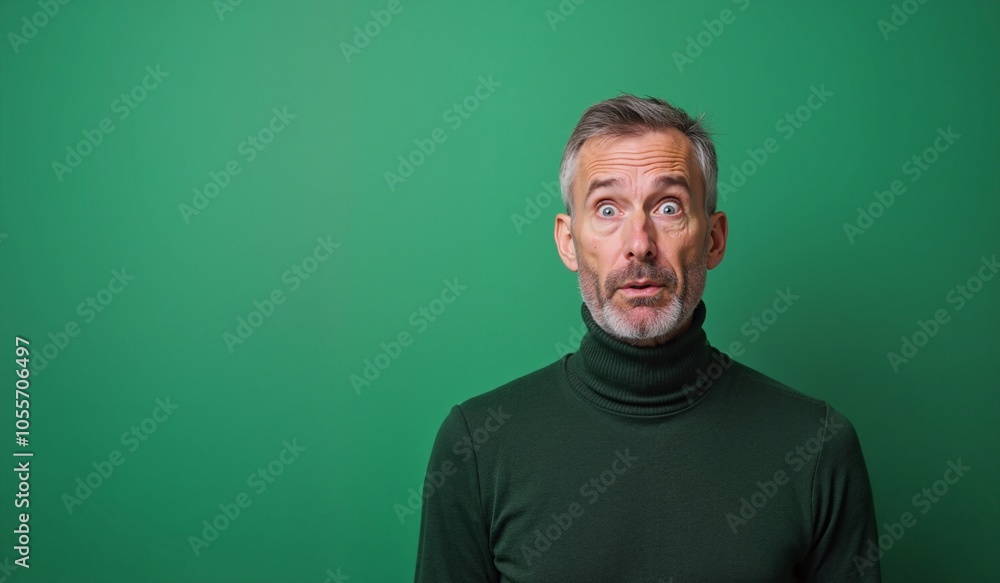Fototapeta premium Mature man with surprised expression wearing turtleneck against green background with copy space