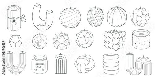 Great set of candles, different shapes and sizes. Decorative wax candles for relaxation and spa. Fashionable vector set in doodle style.