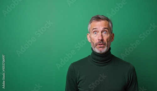 Mature man with surprised expression wearing turtleneck against green background with copy space