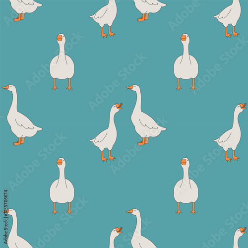 Seamless vector pattern with cheerful geese on green background