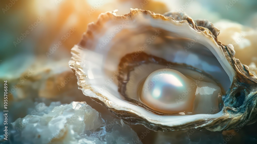 A close-up of an open oyster revealing a lustrous pearl inside. A close-up of an open oyster revealing a lustrous pearl inside.