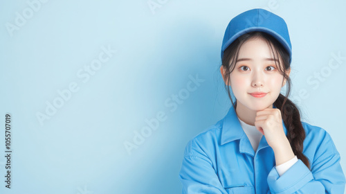 Young Asian woman wearing blue polo shirt and hat is thinking with hand on chin. This image can be used as banner for express delivery concept.