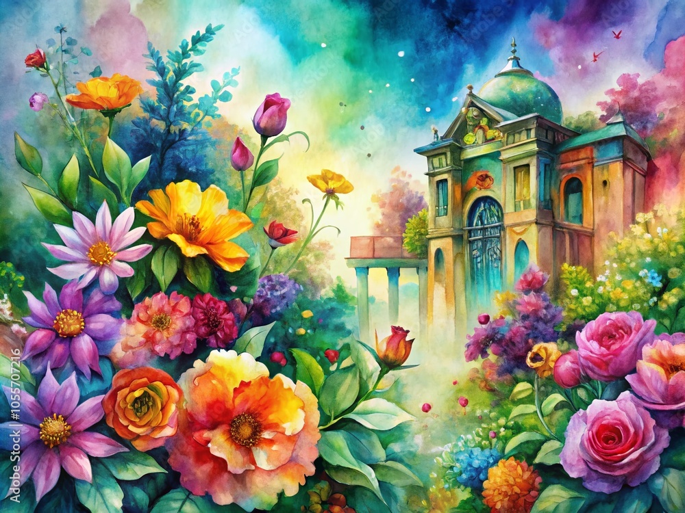 Obraz premium Abstract Floral Background with Colorful Watercolor Flowers for Vibrant Architectural Photography