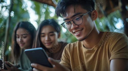 A group of Asian friends enjoying a weekend getaway, using tablets and smartphones to capture the experience.