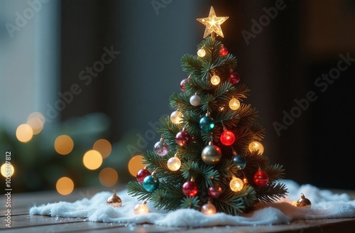 Christmas tree featuring plastic animals, wooden birds, fake snow and other ornament toys against gray background- eclectic Christmas display concept