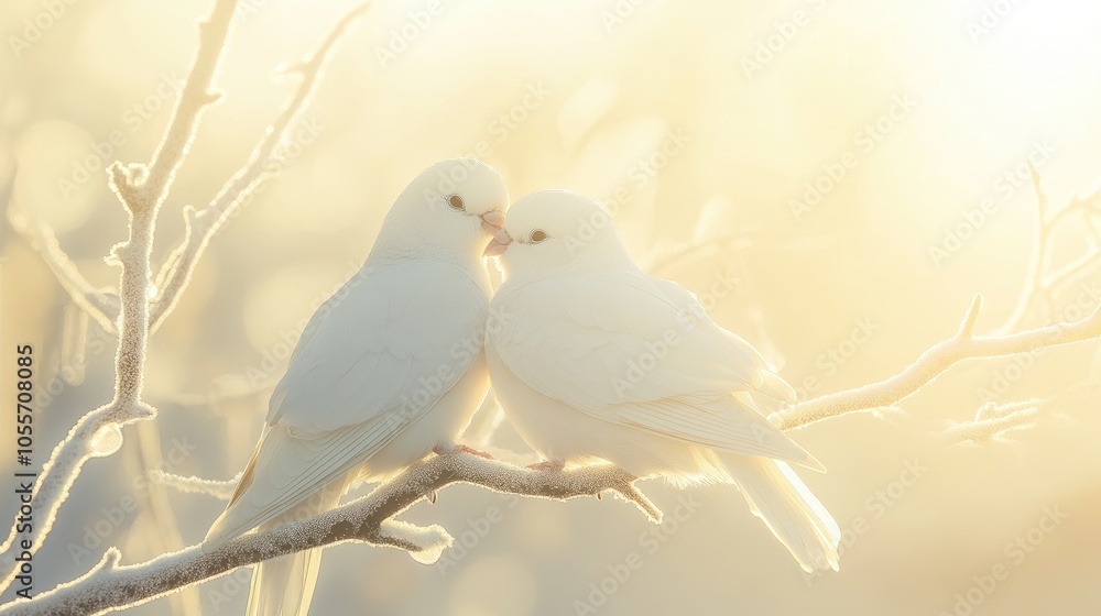 Fototapeta premium Soft Light Embraces Two White Birds on a Branch
