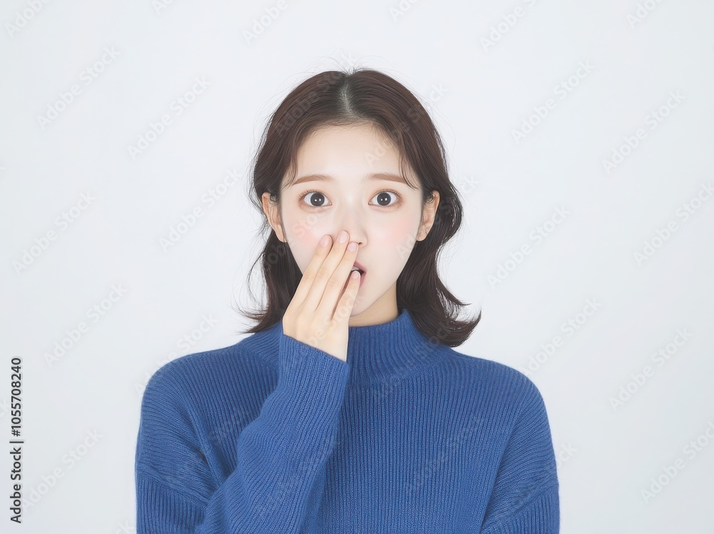 Asian woman with surprised expression, mouth wide open, looking at camera against white background. Asian woman with surprised expression, mouth wide open, looking at camera against white background.