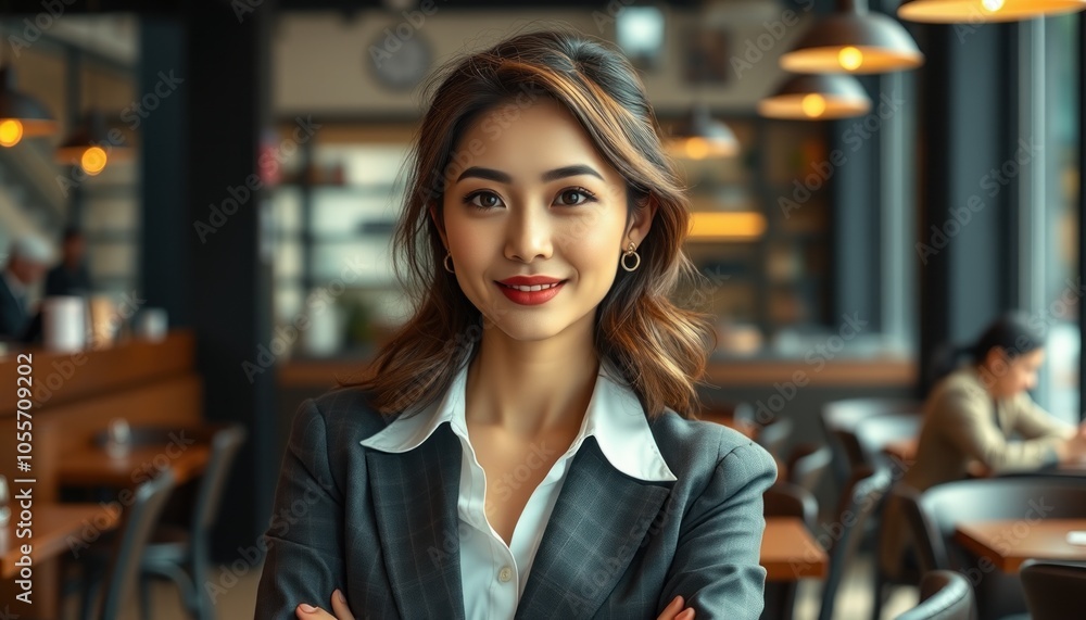 Confident businesswoman in modern cafe setting Confident businesswoman in modern cafe setting