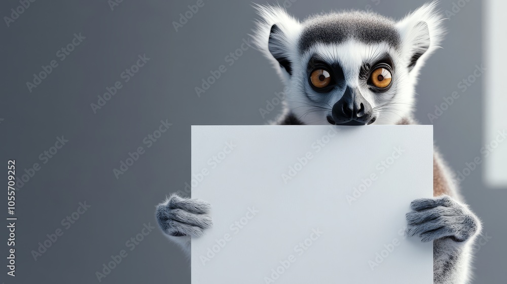 Fototapeta premium A lemur holding an empty white advertising poster