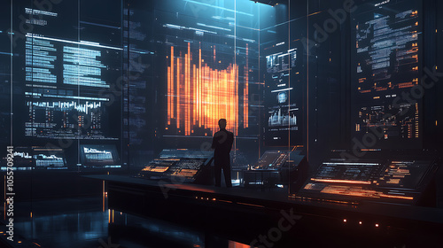 Wallpaper Mural A modern tech lab with an AI expert analyzing large-scale data on multiple transparent screens, with glowing lines and graphs illuminating the dark room  Torontodigital.ca