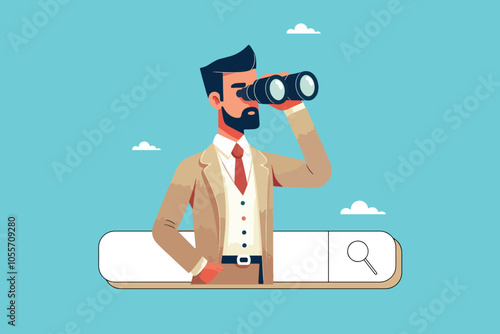 Focused Vision, Businessman Scopes Opportunities on the Search Bar