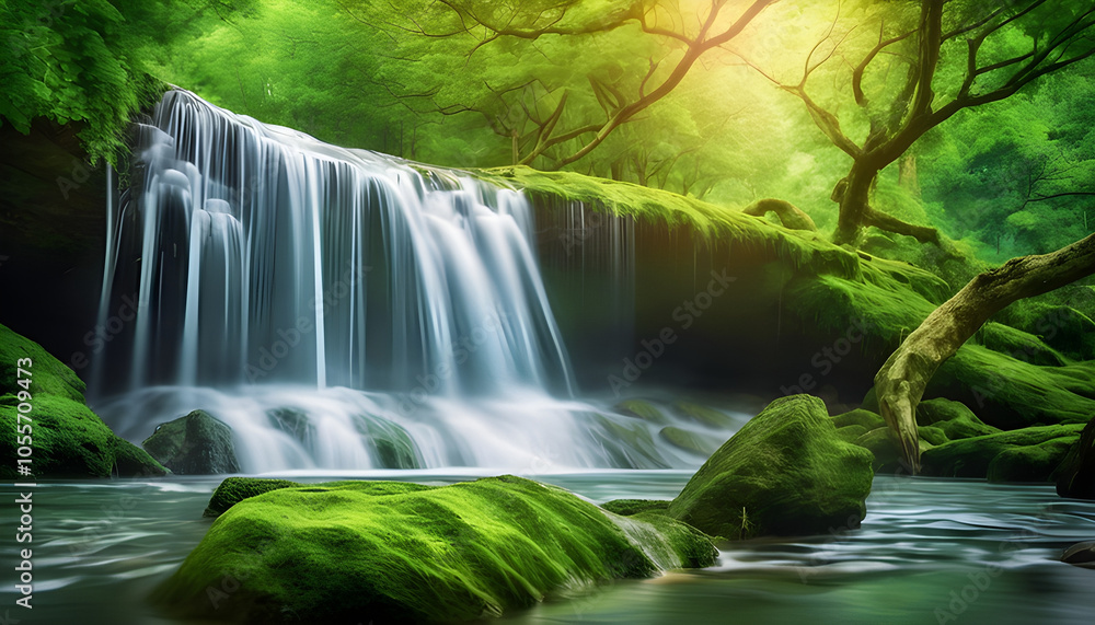 Obraz premium Blurred nature background image of rocks with water flowing through in the forest. Looks cool and peaceful.