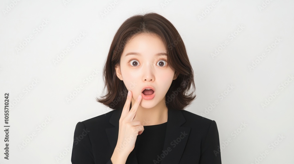 Asian woman with surprised expression, mouth wide open, looking at camera against white background. Asian woman with surprised expression, mouth wide open, looking at camera against white background.