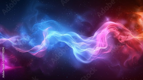 Abstract background with blue, pink, and red wavy smoke-like shapes and a starry, dark background.