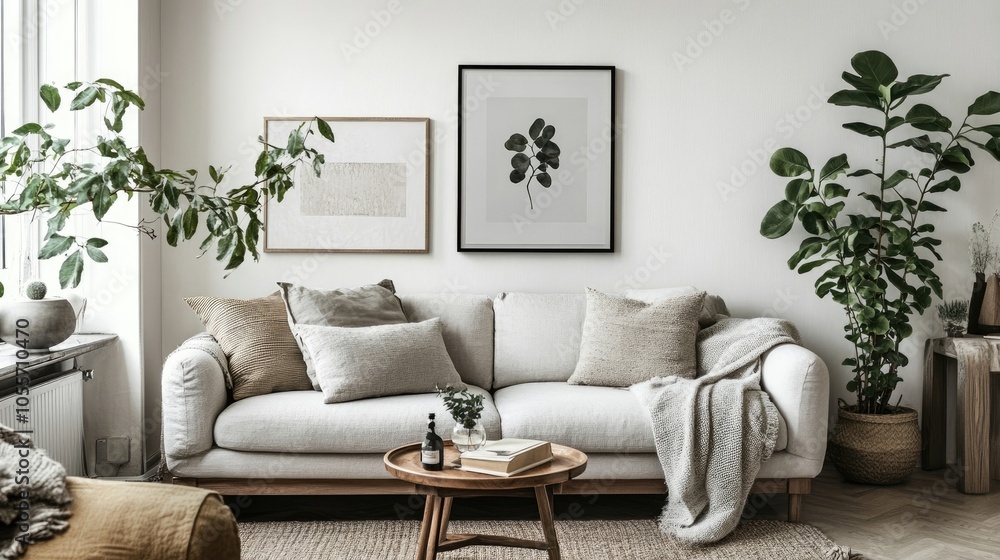 Stylish Scandinavian interior with design sofa, poster, plants, pillows, bookstand, coffee table, cozy blanket and mock up frames. White background walls Stylish Scandinavian interior with design sofa, poster, plants, pillows, bookstand, coffee table, cozy blanket and mock up frames. White background walls