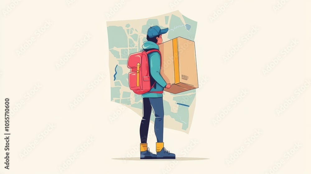 Cartoon Delivery Person with Package and Map Background Cartoon Delivery Person with Package and Map Background