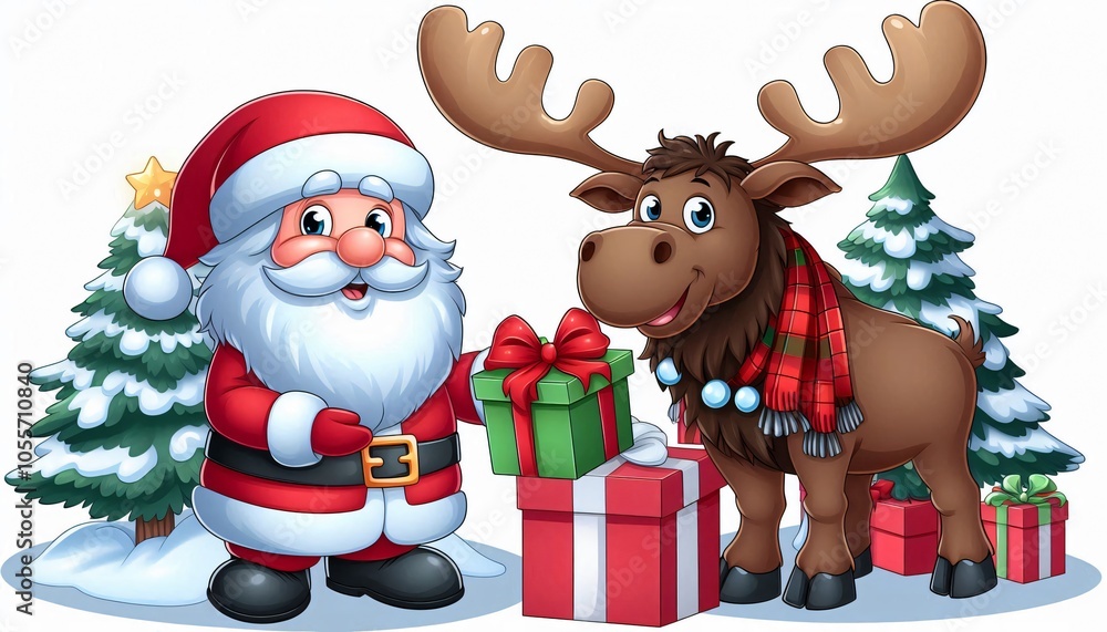 Santa Claus and Reindeer with Christmas Gifts and Trees Santa Claus and Reindeer with Christmas Gifts and Trees