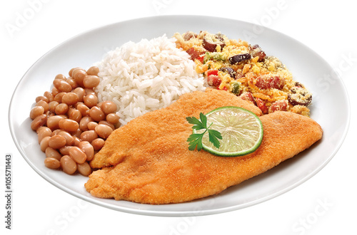 prato com filé de peixe empanado acompanhado de arroz branco, feijão e farofa isolado em fundo transparente
