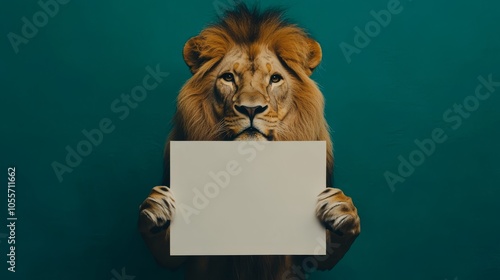 A lion on a uniform background holding an empty white advertising poster photo