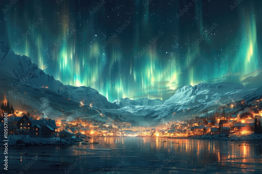 Fototapeta premium A Small Village nestled in a Valley with the Northern Lights Displayed Above
