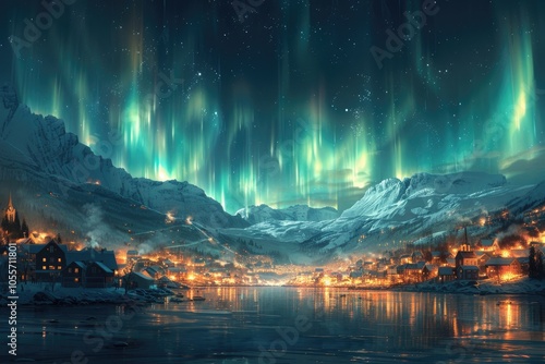 A Small Village nestled in a Valley with the Northern Lights Displayed Above