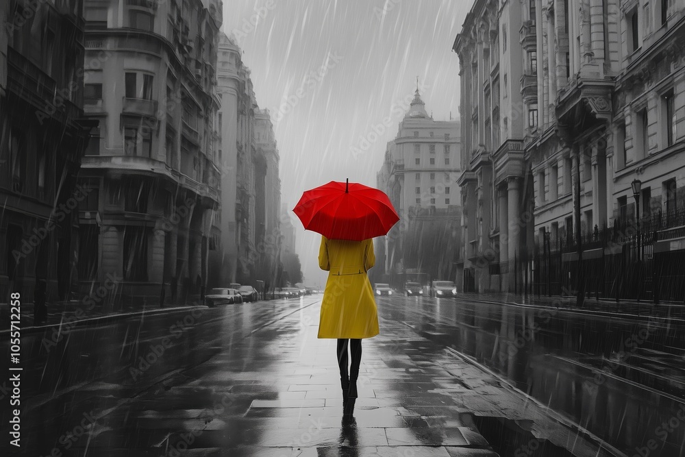A woman in yellow under a red umbrella walking on the empty city street, rainy weather, back view