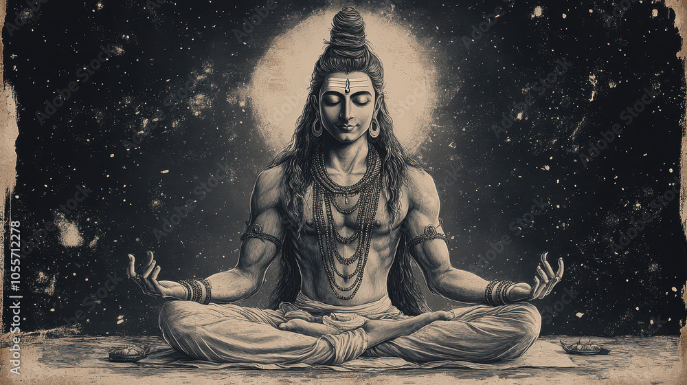 Shiva mahadeva in meditative pose with cosmic background - hinduism spiritual sketch Shiva mahadeva in meditative pose with cosmic background - hinduism spiritual sketch