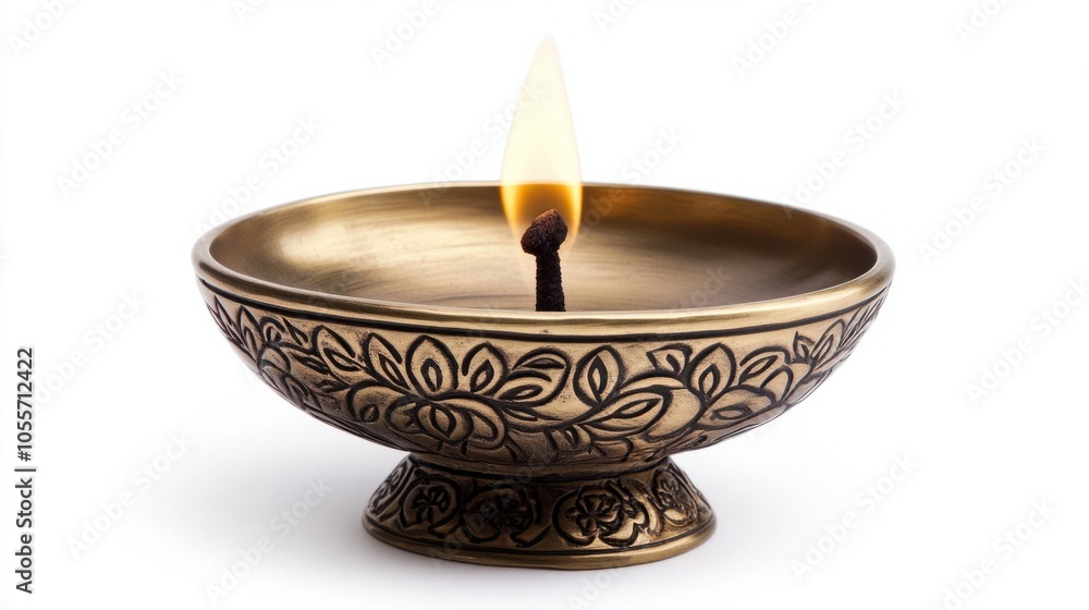 Brass diya with detailed engravings and steady flame, symbolizing peace and positivity, isolated on white Brass diya with detailed engravings and steady flame, symbolizing peace and positivity, isolated on white