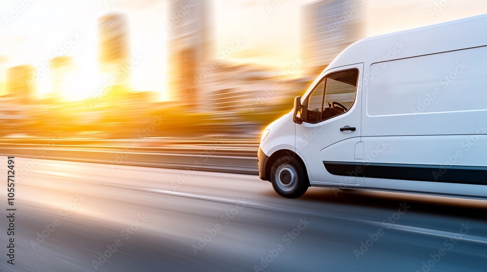 White Delivery Van Speeding on City Highway at Sunset White Delivery Van Speeding on City Highway at Sunset
