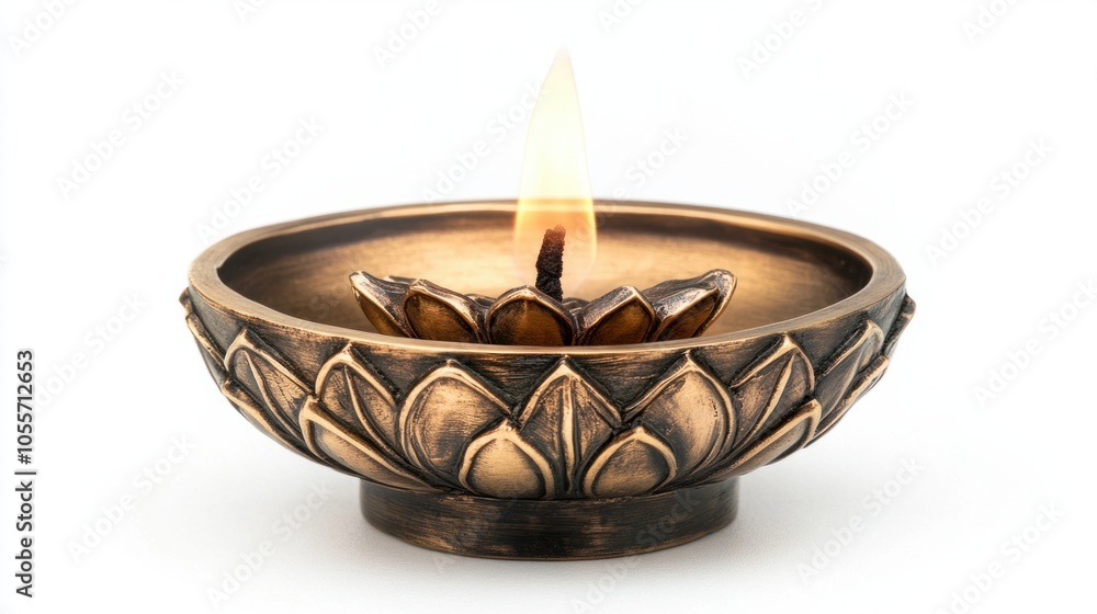 Brass diya with lotus engraving and bright flame, representing Indian spirituality, isolated on white Brass diya with lotus engraving and bright flame, representing Indian spirituality, isolated on white