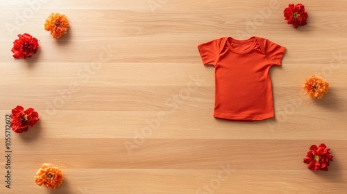 One-color children's t-shirt on light wood floor, vibrant flowers placed around for a natural, lively presentation.