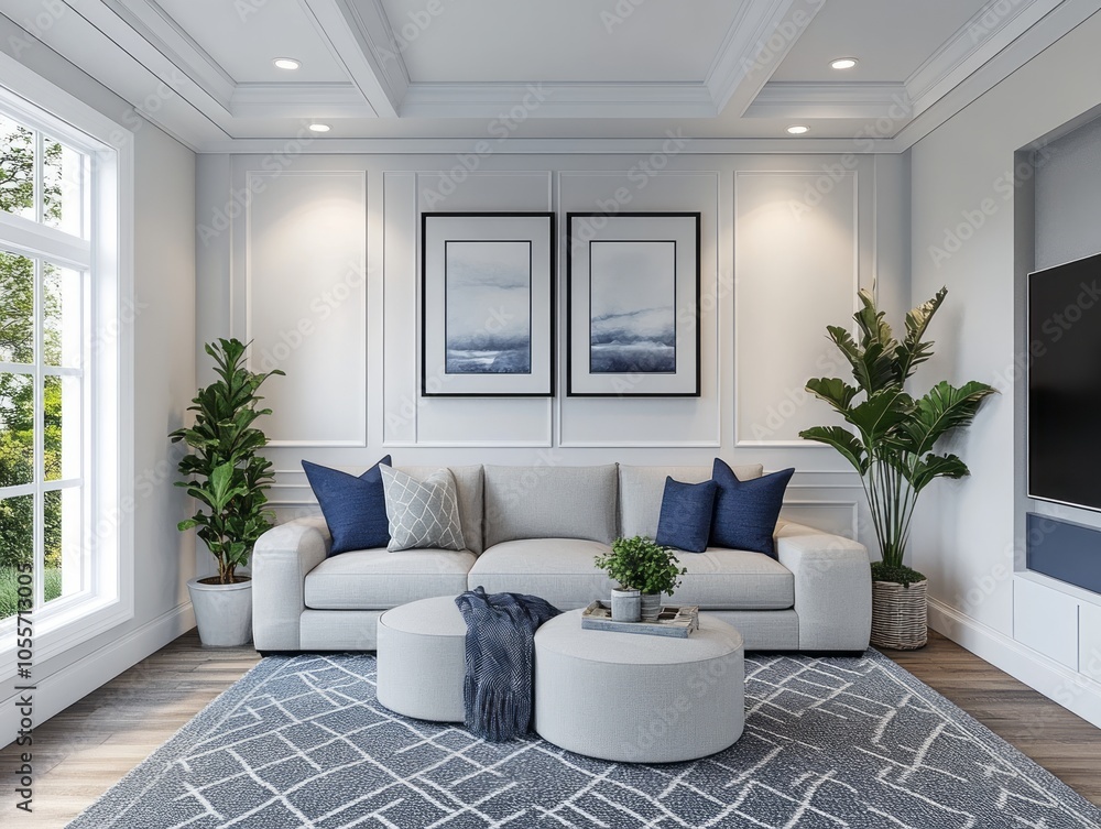 Fototapeta premium White walls with gray and navy accents in decor for a balanced, modern man space