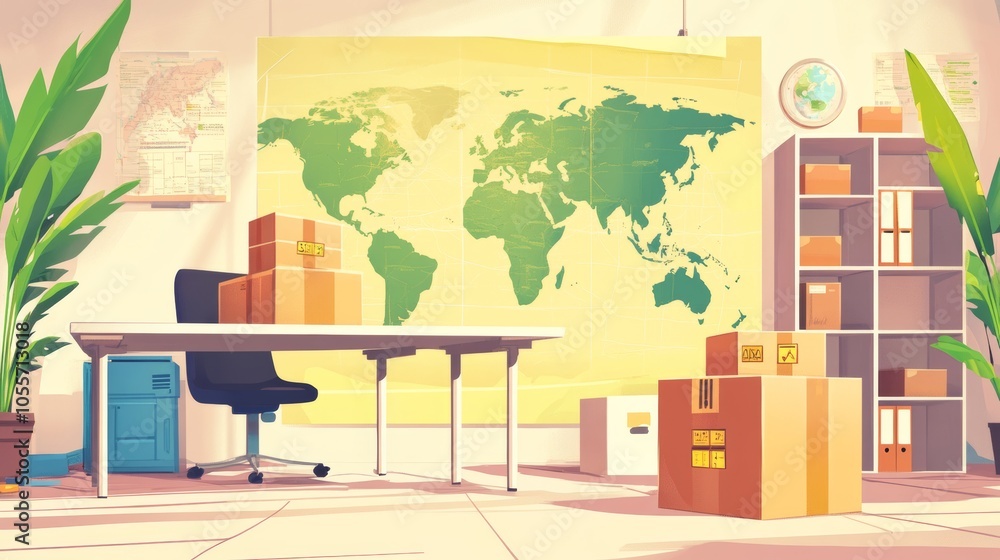 Workspace with World Map and Delivery Boxes Workspace with World Map and Delivery Boxes