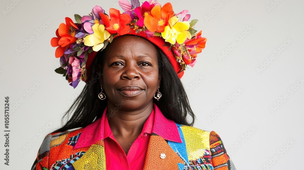 Portrait of gender-fluid model with a spring flower headdress, capturing elegance and identity. Portrait of gender-fluid model with a spring flower headdress, capturing elegance and identity.