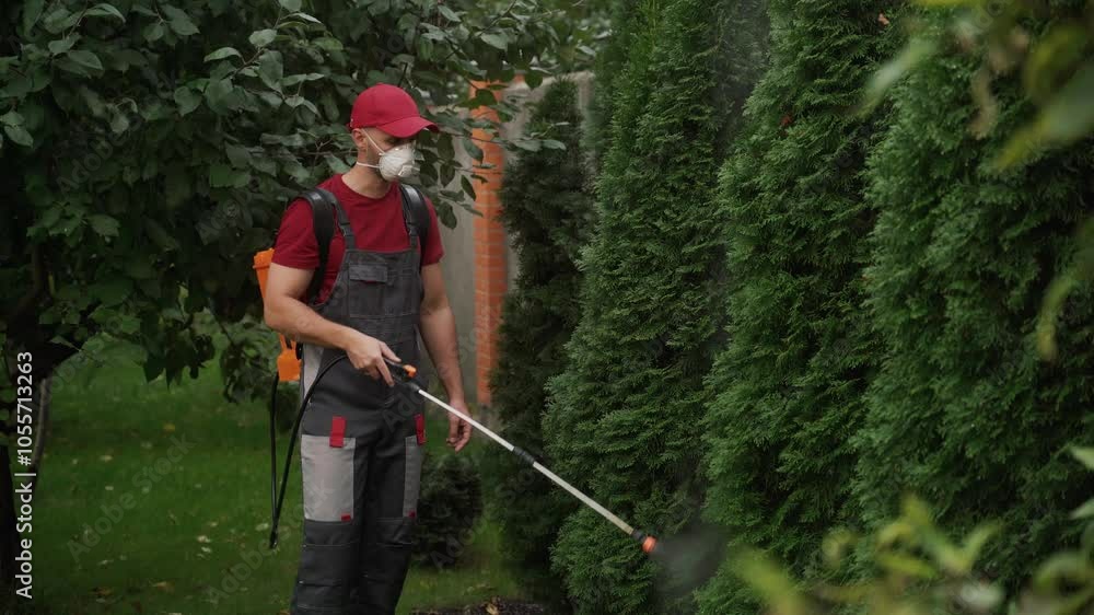 Gardener spraying insecticide on a hedge in a garden while wearing a protective mask and uniform. The process emphasizes safety and pest control in outdoor environments Gardener spraying insecticide on a hedge in a garden while wearing a protective mask and uniform. The process emphasizes safety and pest control in outdoor environments