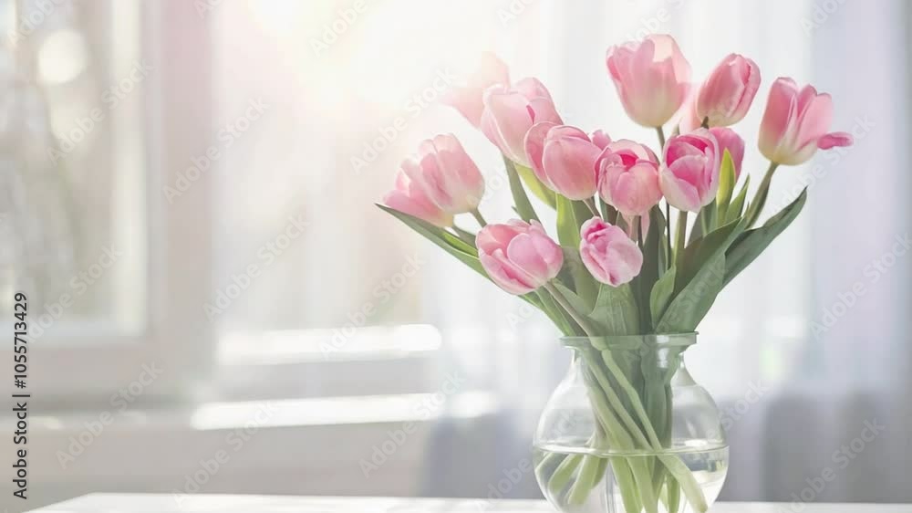 Serene Indoor Decoration Beautiful Bouquet of Pink Tulips in Clear Vase, Bathed in Sunlight, Celebrating Spring and Natures Beauty. Serene Indoor Decoration Beautiful Bouquet of Pink Tulips in Clear Vase, Bathed in Sunlight, Celebrating Spring and Natures Beauty.