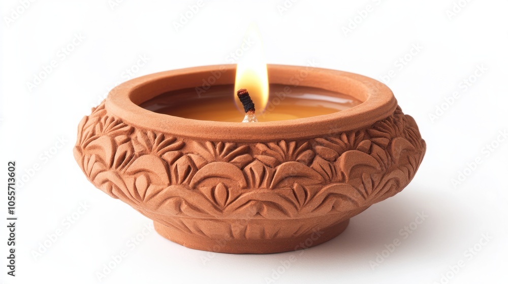 Clay diya with carved details and single flame, symbolizing hope and light, isolated on white Clay diya with carved details and single flame, symbolizing hope and light, isolated on white